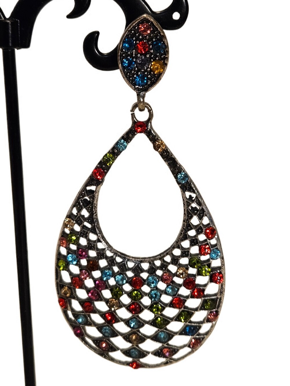 Silver Tone Multicolor Rhinestone Teardrop Statement Earrings - Picture 4 of 6